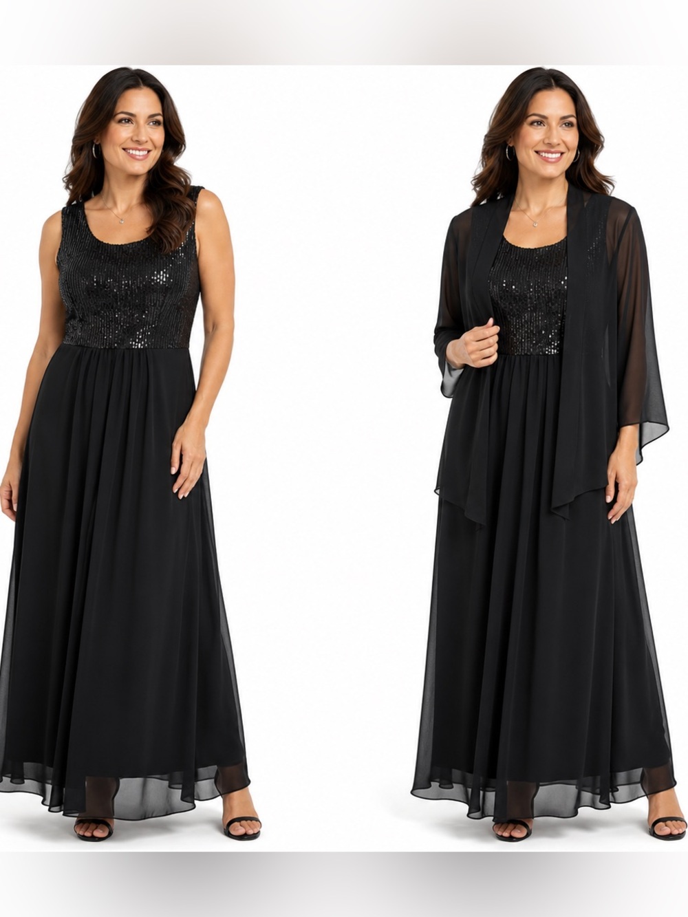 Black Sequin Bodice Chiffon Maxi Formal Dress with Sheer Jacket Set Size XL NWT